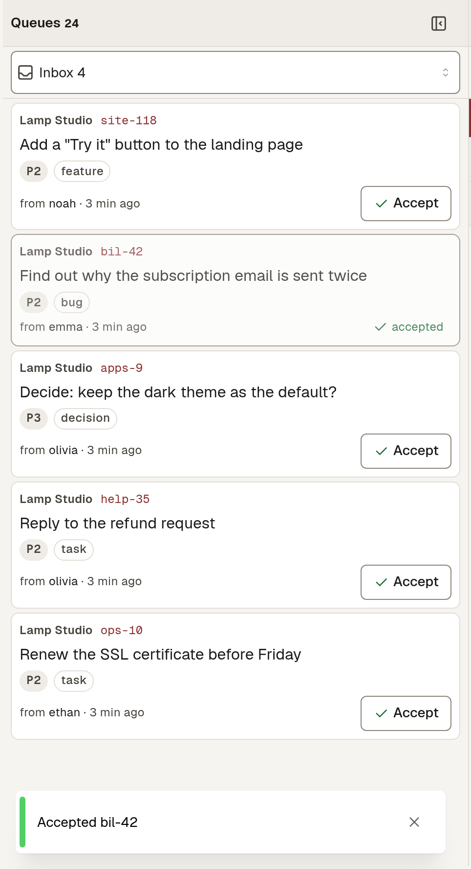 Inbox: incoming tasks with an Accept button