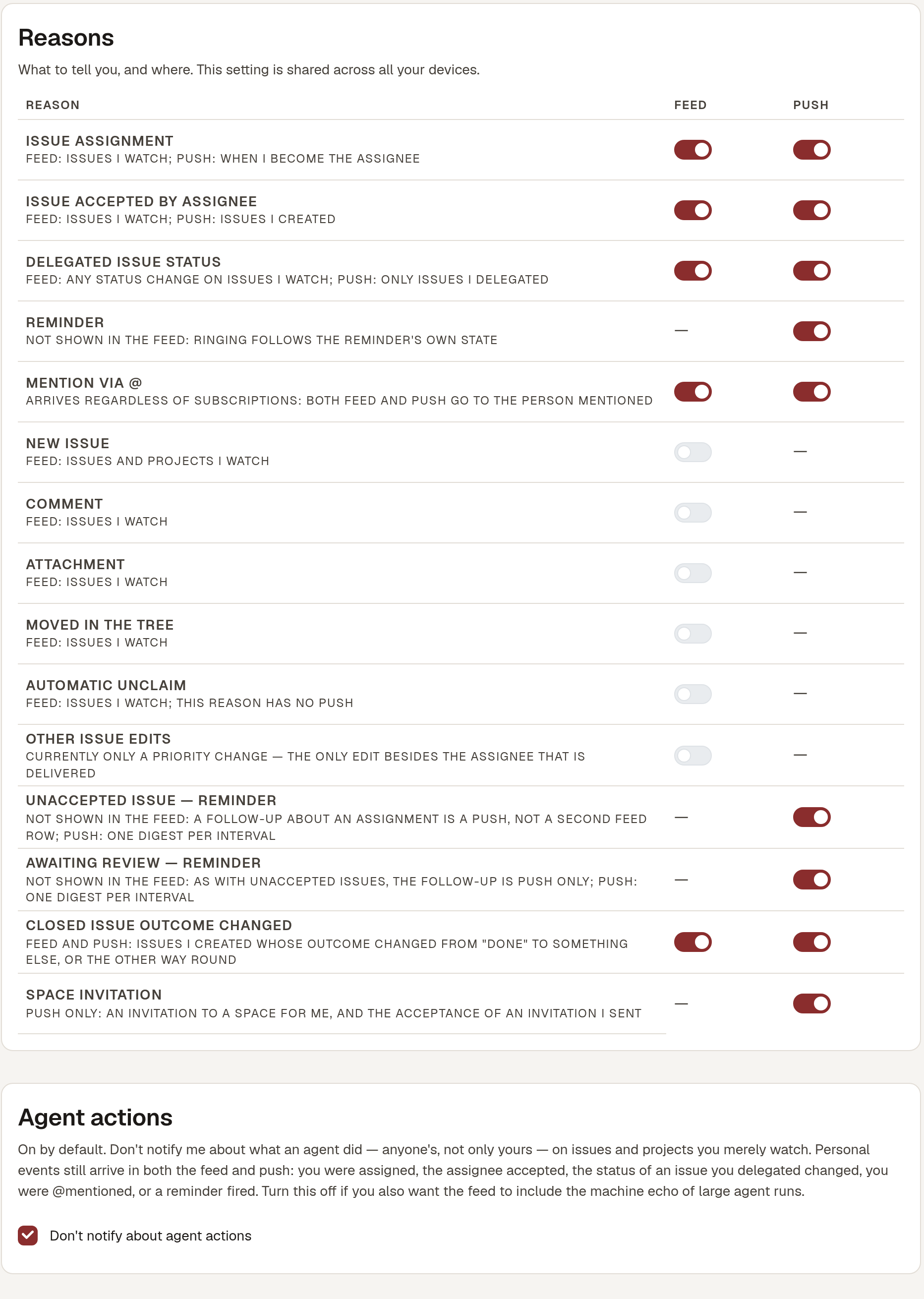 Notification settings: which events to send